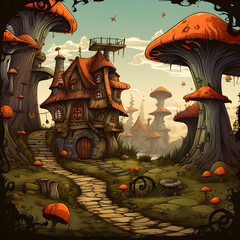 halloween landscape with mushroom houses, big mushrooms, cartoon painting ,cartoon movie scene - AI Generative