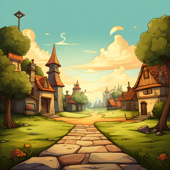 Cartoon background with trees and houses, blue sky with cloud, retro cartoon style, little houses - AI Generative