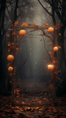 Obraz premium vertical narrow frame of glowing lamps outside in the atmosphere of autumn mood and Halloween, greeting form