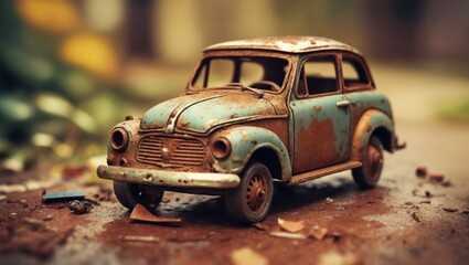 Macro photo of a old rusty toy car broken.
