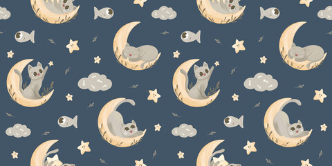 seamless pattern of cats on the moon with fish, pattern designs the night sky with cats and stars, patterns for fabric, packaging, stationery, clothes with cats, stars, branches and fish