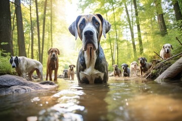 Medium shot portrait photography of a curious great dane playing with other dogs wearing a chef hat against a tranquil forest stream. With generative AI technology - obrazy, fototapety, plakaty