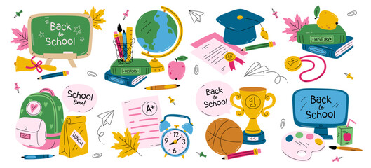 Back to school, start of education sticker badge set with different studying supplies and decoration