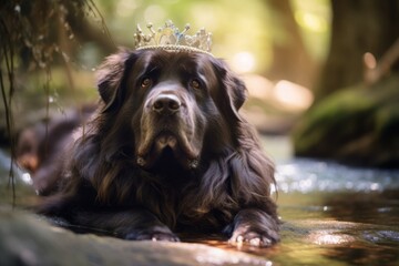 Group portrait photography of a cute newfoundland dog cuddling wearing a princess crown against a tranquil forest stream. With generative AI technology