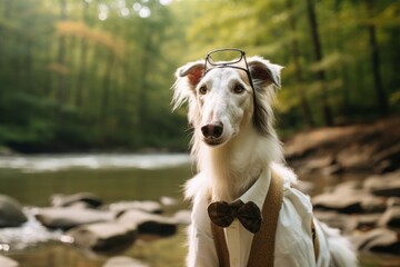 Medium shot portrait photography of a funny borzoi prancing wearing a hipster glasses against a tranquil forest stream. With generative AI technology