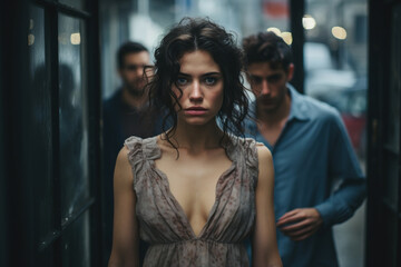 Lonely frightened uncomfortable woman on street and lustful drunk men behind. Lust, violence, harassment, abuse concept - obrazy, fototapety, plakaty