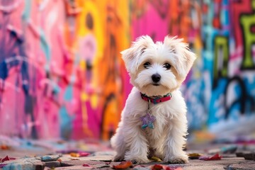 Fototapeta premium Photography in the style of pensive portraiture of a cute maltese licking lips wearing a harness against a vibrant graffiti wall. With generative AI technology