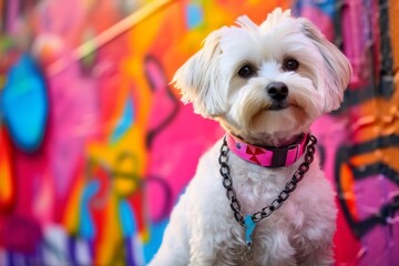 Photography in the style of pensive portraiture of a cute maltese licking lips wearing a harness against a vibrant graffiti wall. With generative AI technology