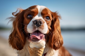 Close-up portrait photography of a funny cavalier king charles spaniel dog licking an ice cream cone wearing an anxiety wrap against a backdrop of an idyllic countryside. With generative AI technology