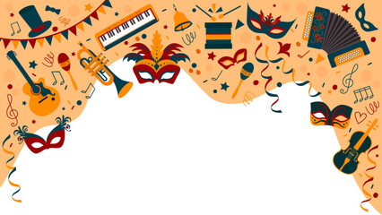 Festival. Musical instruments and masquerade masks. Background.