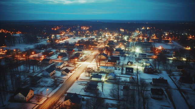drone photo of a night cityscape in a small town in America