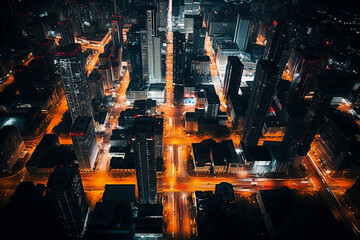 Fototapeta premium Dramatic drone style photo of a cityscape in Chicago at night with traffic light streaks
