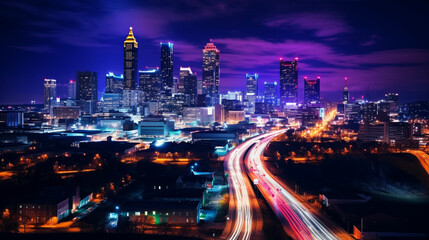Drone photo taken at night of Atlanta Georgia cityscape with blurred traffic.