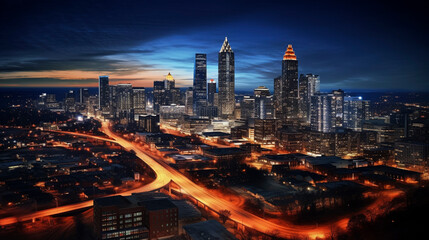 Drone photo taken at night of Atlanta Georgia cityscape with blurred traffic. - Powered by Adobe