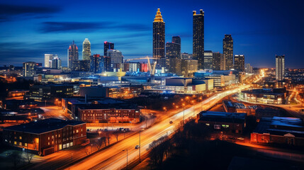 Drone photo taken at night of Atlanta Georgia cityscape with blurred traffic.