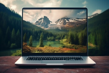 laptop mockup with a mountain nature background