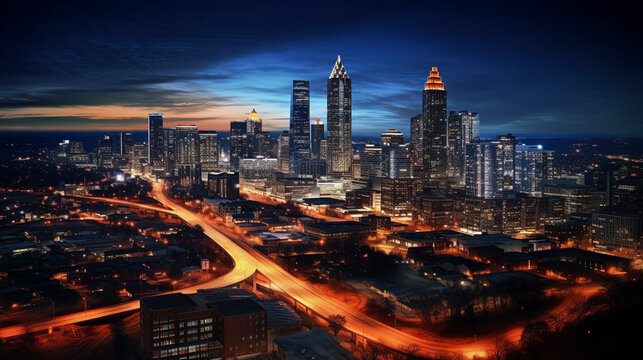 Fototapeta Drone photo taken at night of Atlanta Georgia cityscape with blurred traffic.