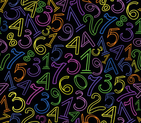 Math educational vector seamless pattern with handwritten mlticolored numbers - 643987253
