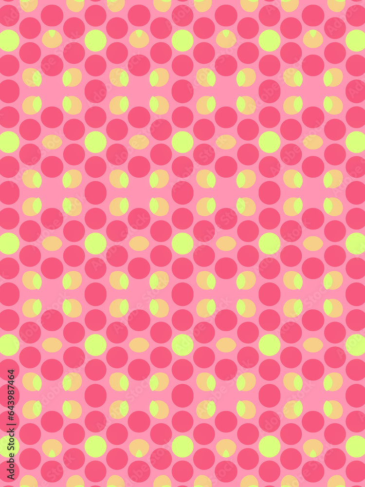 Poster abstract digital illustration of flat pattern of green and pink spheres on pink background. 3d rende