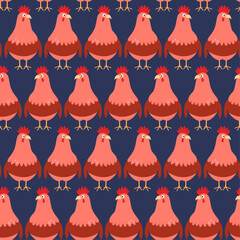 Seamless pattern of chickens on a blue background.