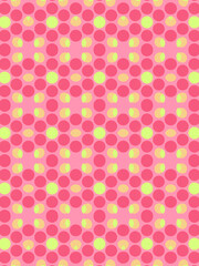Abstract digital illustration of flat pattern of green and pink spheres on pink background. 3d rendering