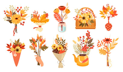 Autumn bouquets with flowers, plants leaves and berries in vase, basket and paper wrap set