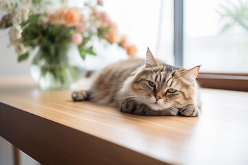 Cute cat lying on wooden table and looking at camera with copy space