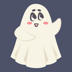 Cartoon funny ghost. Halloween character with cute face expression. Comic spirit isolated on black background. Vector flat illustration for Halloween party, holiday, card