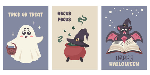 Happy Halloween. Set of cartoon greeting cards to Halloween party. Cute ghost with basket, bat in wizard’s hat, magic book, Potion cauldron, greeting text. Baby creepy characters. Vector illustration
