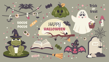 Halloween candy, pumpkin, ghost, spider, bat, frog, wizard’s hat, cloak, tomb, mushroom. Halloween kids. Hand drawn doodle cute characters isolated. Vector cartoon illustration for celebration design