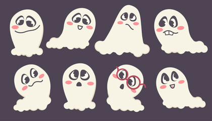 Set of funny cute ghosts. Halloween characters with different emotions and face expression. Collection of comic monsters isolated. Vector Cartoon flat illustration for Halloween party, holiday, card