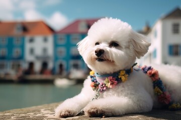 Medium shot portrait photography of a cute bichon frise lying down wearing a floral collar against a picturesque seaside village. With generative AI technology