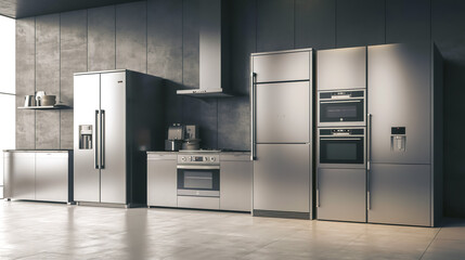 Modern kitchen interior design with stainless steel equipment, generative AI.