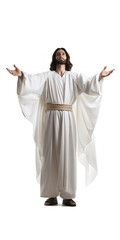 Jesus Christ transparent png cutout, our saviour, white robe, arms stretched, son of god