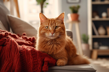 Beautiful ginger cat lying on the floor in the room at home