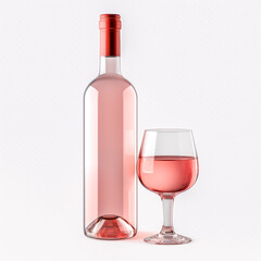 rose wine bottle and glass on white background