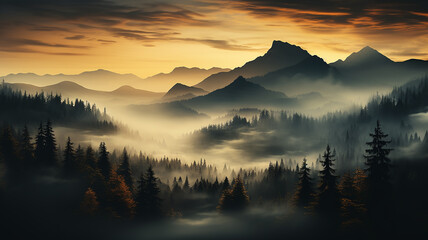 nature landscape drone view, autumn forest mountains and stream misty evening sunset