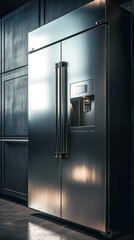 Modern stainless steel refrigerator in the interior of the kitchen, generative AI.