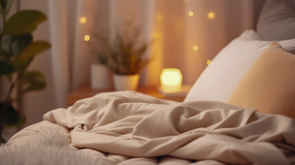 Fototapeta na wymiar comfortable bedroom scene with white pillows and warm background lights