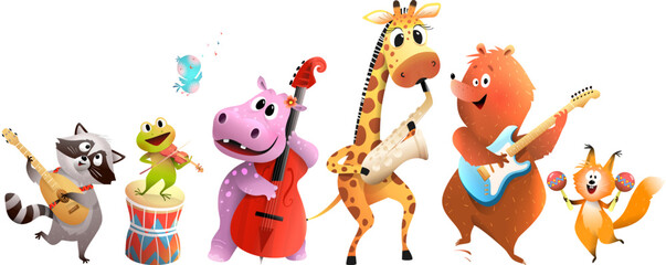 Cute animals playing musical instruments. Animals concert music band for children events and birthday, isolated musician characters clipart collection. Vector kids cartoons in watercolor style. - 643988268