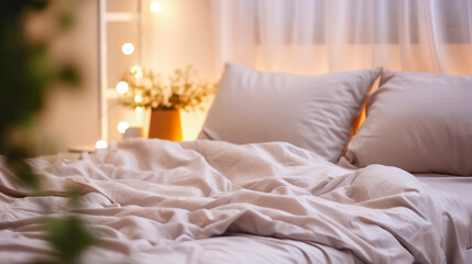 comfortable bedroom scene with white pillows and warm background lights