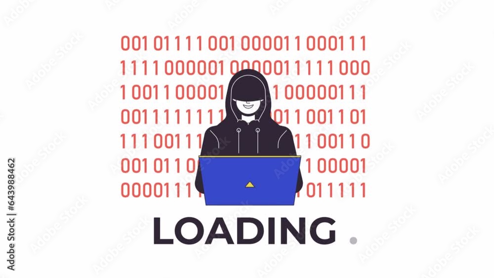 Poster cyber attacker typing on laptop line 2d loading animation. fraudulent hacker spying on internet anim