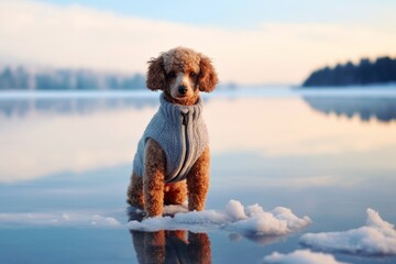 Medium shot portrait photography of a curious poodle barking wearing a cashmere sweater against a backdrop of a frozen winter lake. With generative AI technology - Powered by Adobe