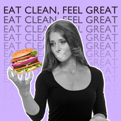 Sad young girl on a diet with her mouth closed, holding a burger in her hand and the inscription on...