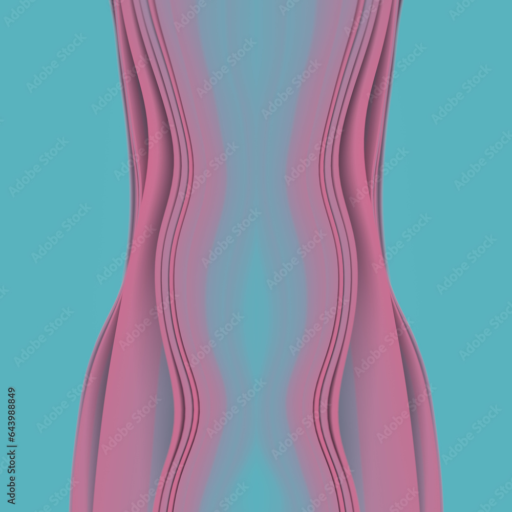 Poster symmetrical pattern of flying fabric stripes on blue background. 3d rendering digital illustration