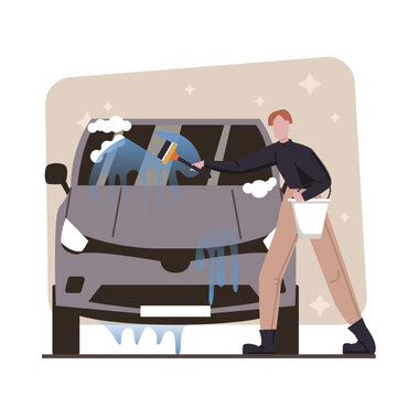 Young man holding bucket and washing car with foam. Flat vector illustration in cartoon style. Driver washes car after use. Flat vector illustration in cartoon style