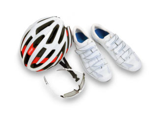 Fahrradhelm, Fahrradschuhe, Fahrradbrille,