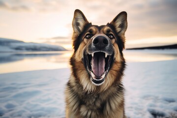 Group portrait photography of a happy german shepherd sticking out tongue wearing a parka against a backdrop of an arctic landscape. With generative AI technology