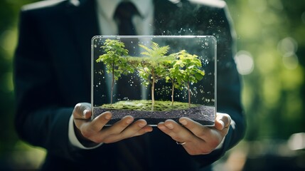 A close up of a businessman's hand holds a transparent tablet displaying sustainable investment options, symbolizing the balance between eco, ai generated