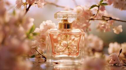 Obraz na płótnie Canvas Transparent glass perfume bottle with golden lid in a blooming garden. branches of a blooming apple tree, petals and gentle pink flowers. atmospheric morning lighting. Romantic vibes
